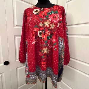 Umgee Vibrant Red and Floral Blouse
